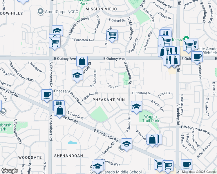 map of restaurants, bars, coffee shops, grocery stores, and more near 15993 East Stanford Place in Aurora