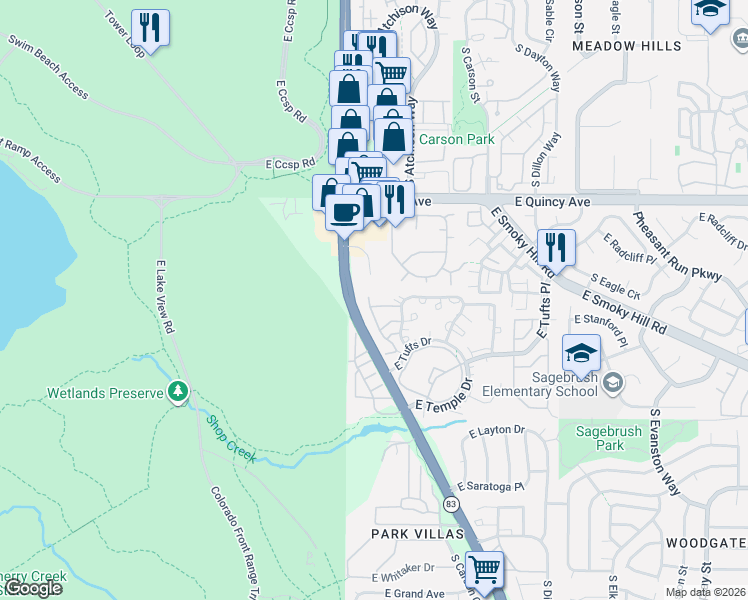 map of restaurants, bars, coffee shops, grocery stores, and more near 4524 South Auckland Court in Aurora