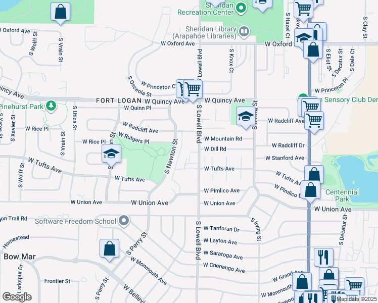 map of restaurants, bars, coffee shops, grocery stores, and more near 4593 West Tufts Avenue in Englewood