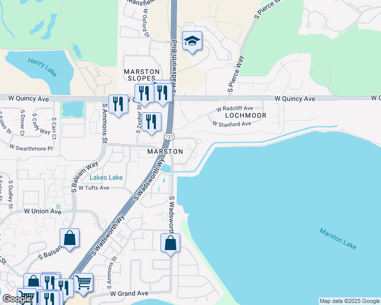 map of restaurants, bars, coffee shops, grocery stores, and more near 4760 South Wadsworth Boulevard in Denver