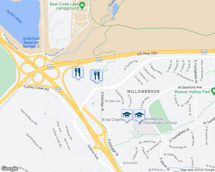 map of restaurants, bars, coffee shops, grocery stores, and more near 4345 South Devinney Court in Morrison