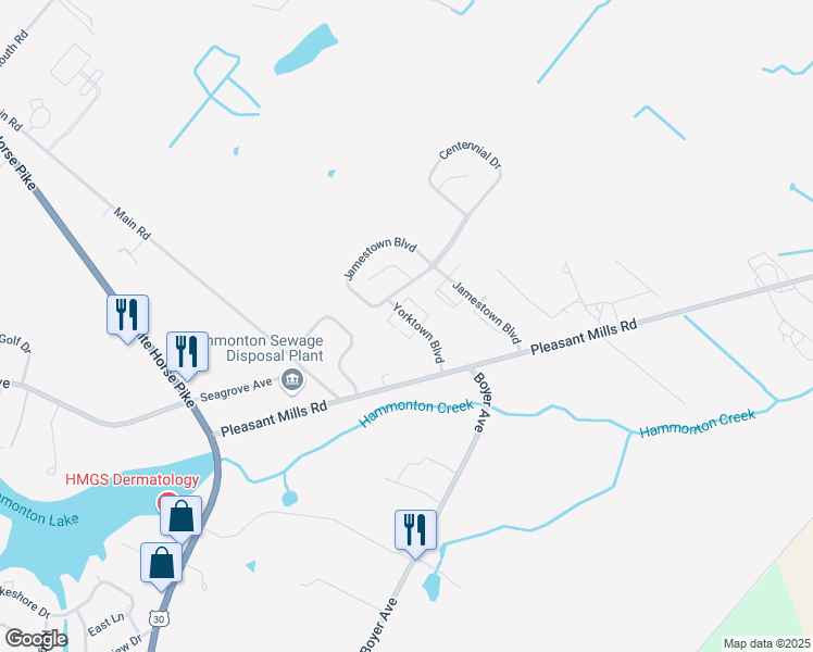 map of restaurants, bars, coffee shops, grocery stores, and more near 208 Yorktown Boulevard in Hammonton