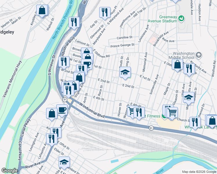 map of restaurants, bars, coffee shops, grocery stores, and more near 302 Pennsylvania Avenue in Cumberland
