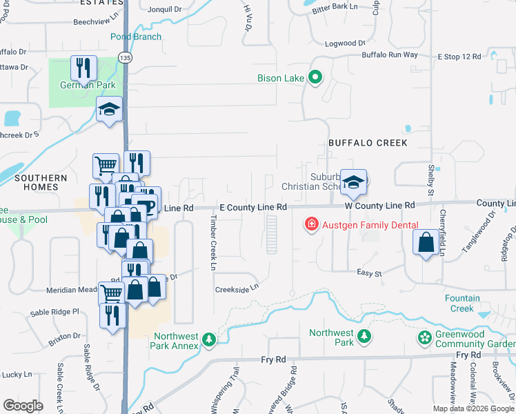 map of restaurants, bars, coffee shops, grocery stores, and more near 1487 West County Line Road in Greenwood