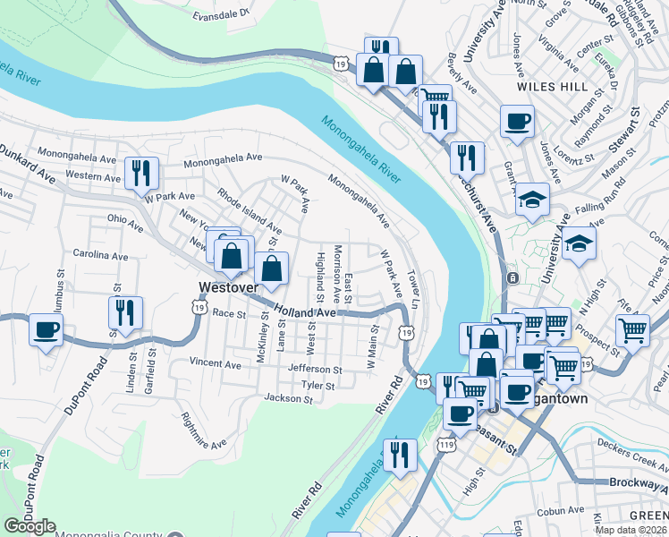 map of restaurants, bars, coffee shops, grocery stores, and more near 22 Highland Street in Morgantown