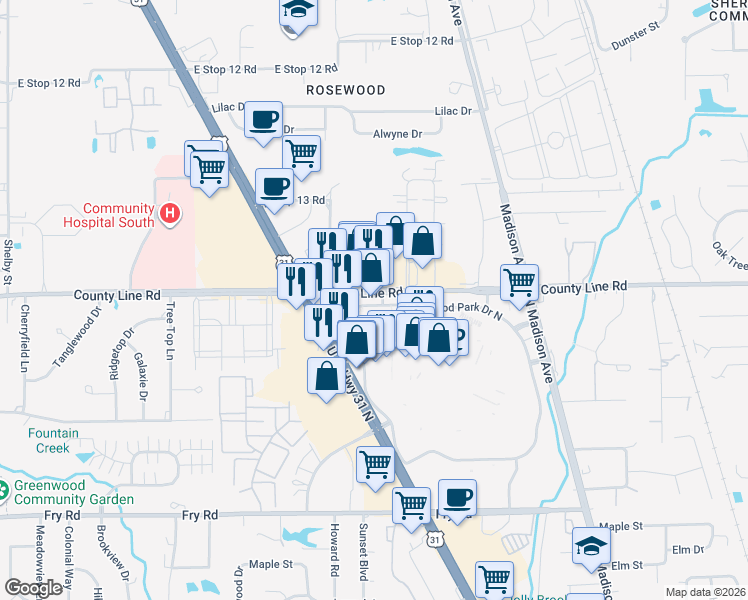 map of restaurants, bars, coffee shops, grocery stores, and more near 729 County Line Road in Indianapolis