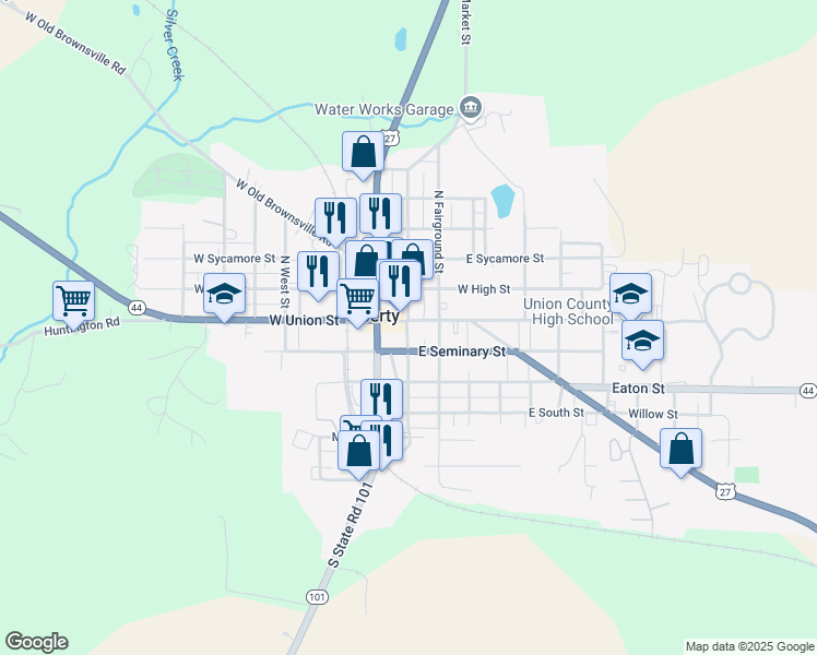 map of restaurants, bars, coffee shops, grocery stores, and more near 23 South Market Street in Liberty