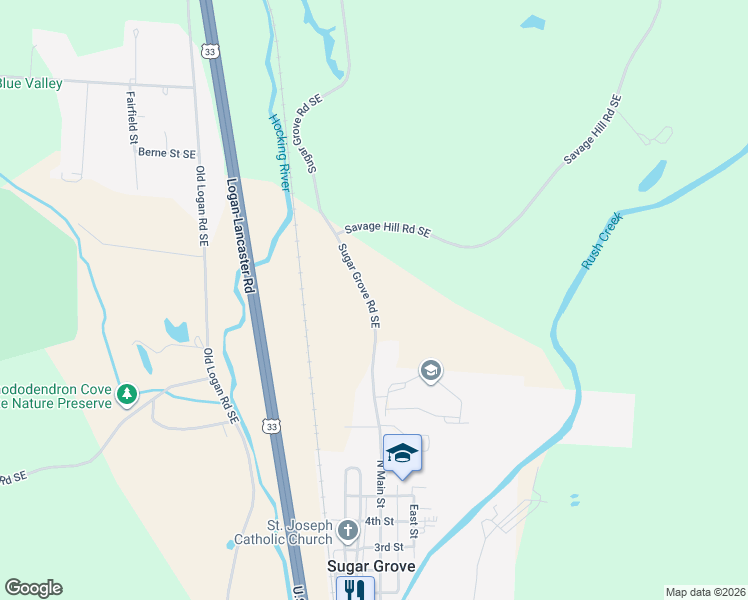 map of restaurants, bars, coffee shops, grocery stores, and more near 5872 Sugar Grove Road Southeast in Sugar Grove