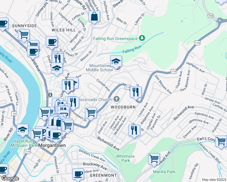 map of restaurants, bars, coffee shops, grocery stores, and more near Willey Street in Morgantown