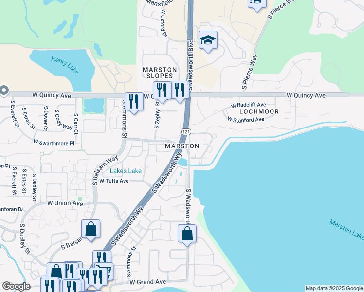 map of restaurants, bars, coffee shops, grocery stores, and more near South Wadsworth Boulevard & West Stanford Avenue in Littleton
