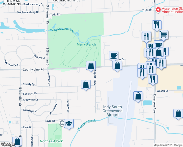 map of restaurants, bars, coffee shops, grocery stores, and more near 549 East County Line Road in Greenwood
