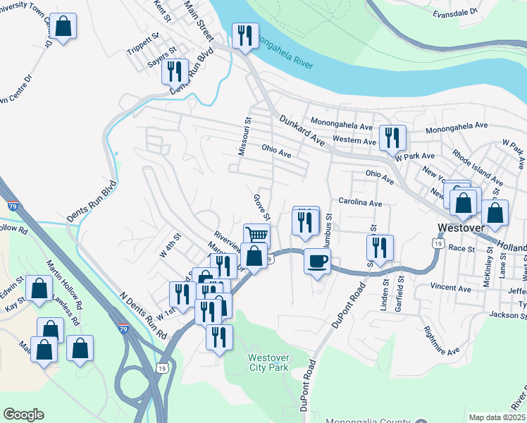 map of restaurants, bars, coffee shops, grocery stores, and more near Grove Street in Westover