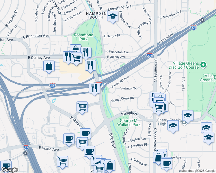 map of restaurants, bars, coffee shops, grocery stores, and more near 8395 East Radcliff Avenue in Denver