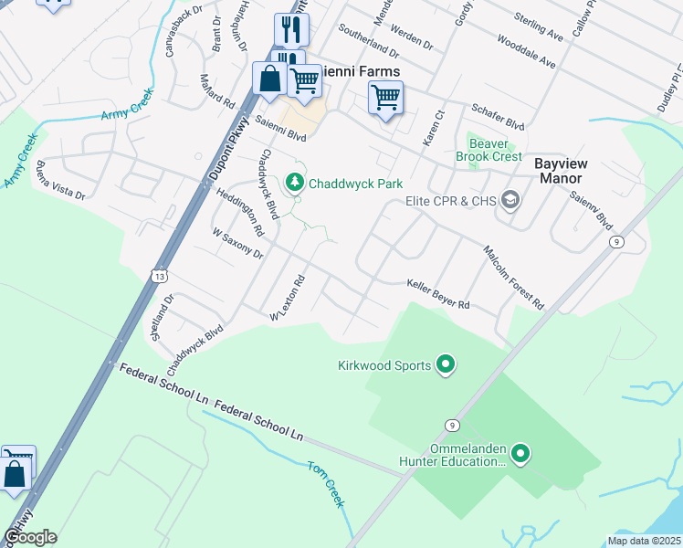 map of restaurants, bars, coffee shops, grocery stores, and more near 18 East Lexton Road in New Castle