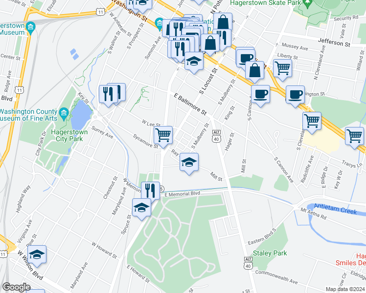 map of restaurants, bars, coffee shops, grocery stores, and more near 129 Elm Street in Hagerstown