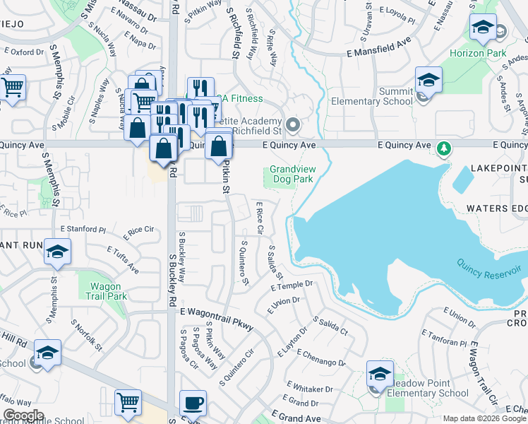 map of restaurants, bars, coffee shops, grocery stores, and more near 17407 East Rice Circle in Aurora