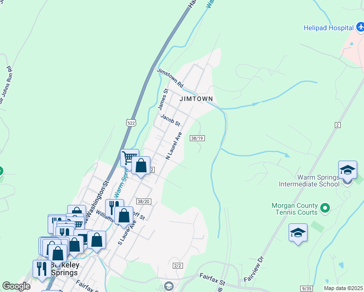 map of restaurants, bars, coffee shops, grocery stores, and more near 229 North Laurel Avenue in Berkeley Springs