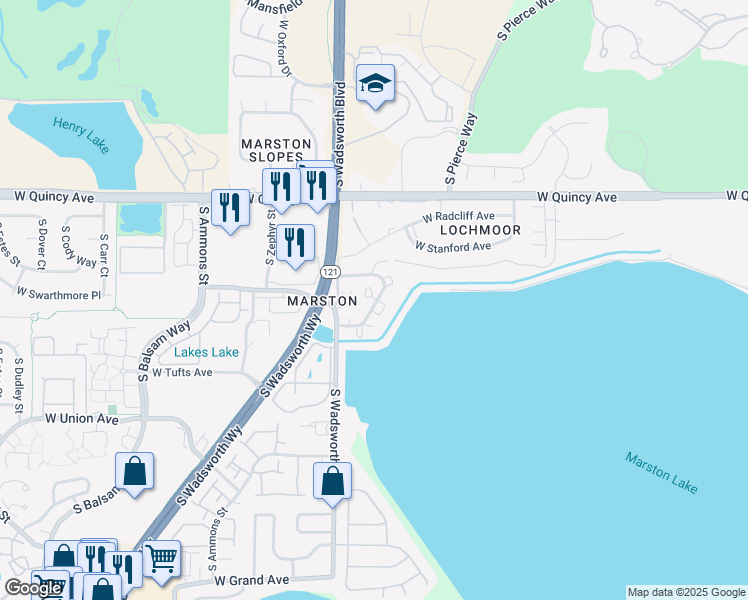 map of restaurants, bars, coffee shops, grocery stores, and more near 4760 South Wadsworth Boulevard in Denver