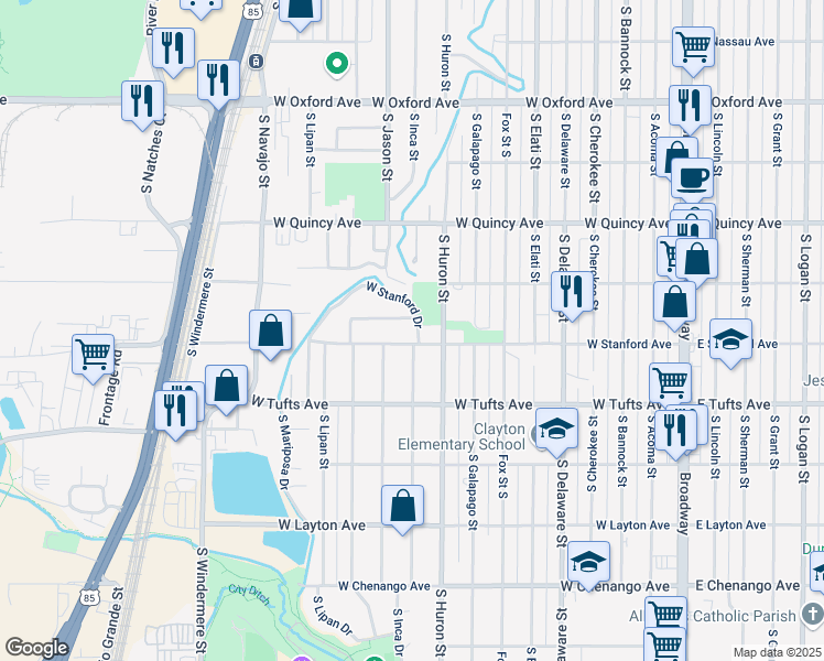 map of restaurants, bars, coffee shops, grocery stores, and more near 920 West Stanford Drive in Englewood
