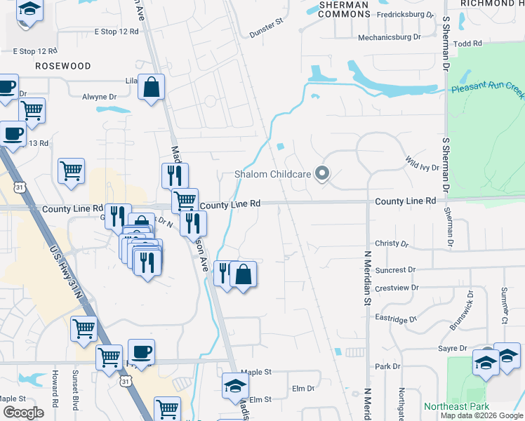 map of restaurants, bars, coffee shops, grocery stores, and more near 3002 East County Line Road in Indianapolis