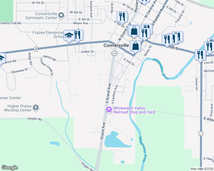 map of restaurants, bars, coffee shops, grocery stores, and more near 217 South Grand Avenue in Connersville