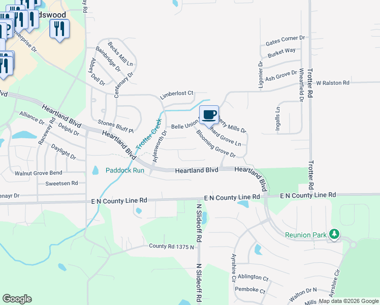 map of restaurants, bars, coffee shops, grocery stores, and more near 8829 Squire Boone Court in Indianapolis