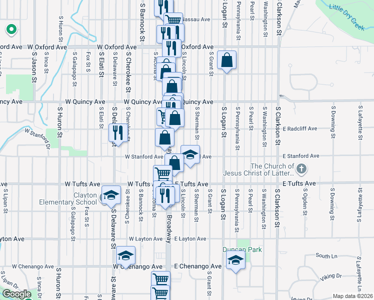 map of restaurants, bars, coffee shops, grocery stores, and more near 4444 South Lincoln Street in Englewood
