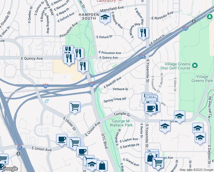 map of restaurants, bars, coffee shops, grocery stores, and more near 5083 South Verbena Street in Denver