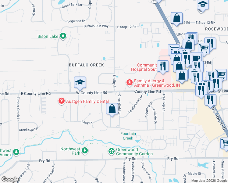 map of restaurants, bars, coffee shops, grocery stores, and more near Shelby St & E County Line Rd in Greenwood