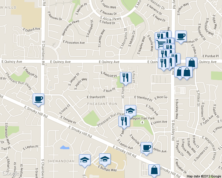 map of restaurants, bars, coffee shops, grocery stores, and more near 16129 East Rice Place in Aurora