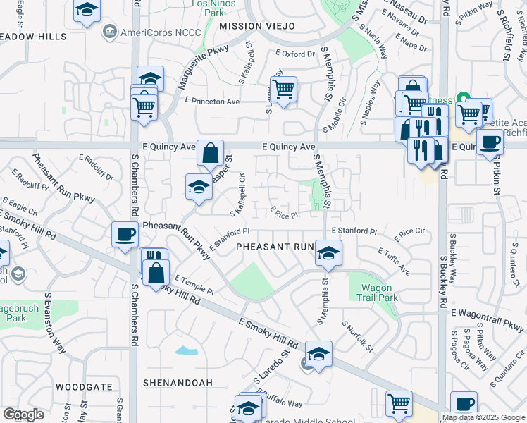 map of restaurants, bars, coffee shops, grocery stores, and more near 15901 East Rice Place in Aurora