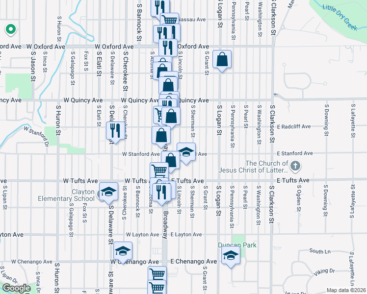 map of restaurants, bars, coffee shops, grocery stores, and more near 4444 South Lincoln Street in Englewood