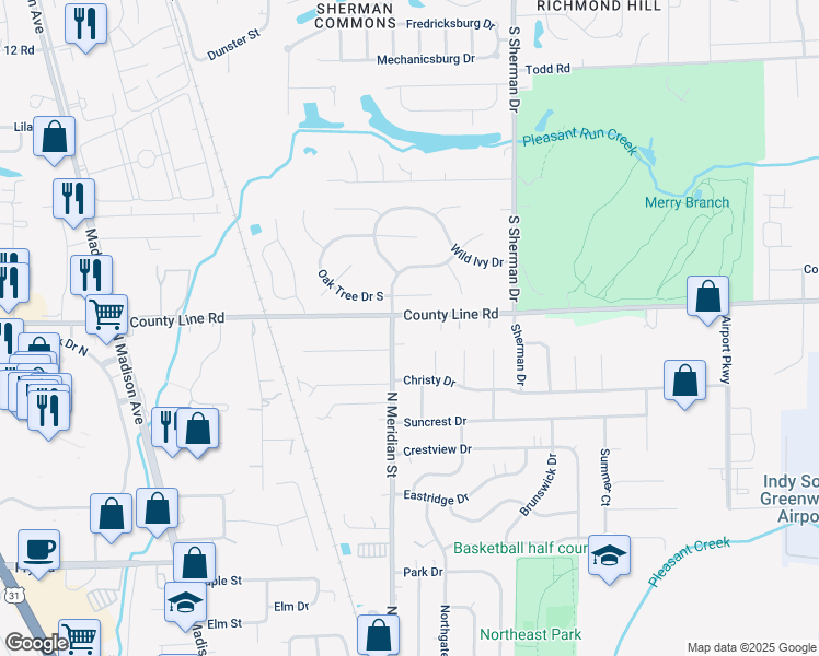 map of restaurants, bars, coffee shops, grocery stores, and more near 3501 Oak Tree Circle in Indianapolis
