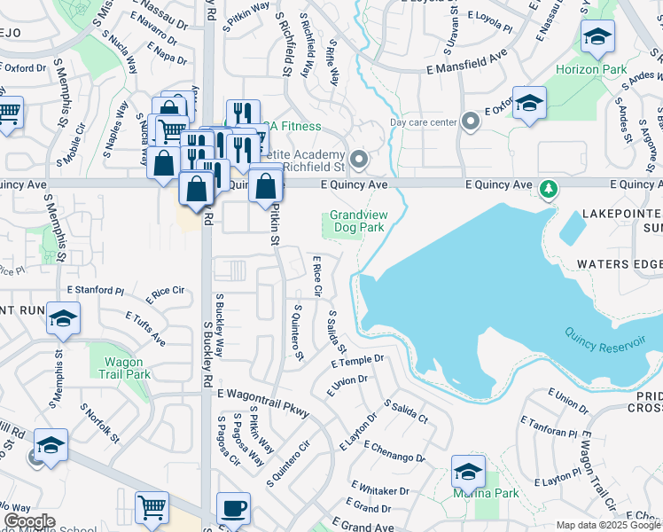 map of restaurants, bars, coffee shops, grocery stores, and more near 17407 East Rice Circle in Aurora