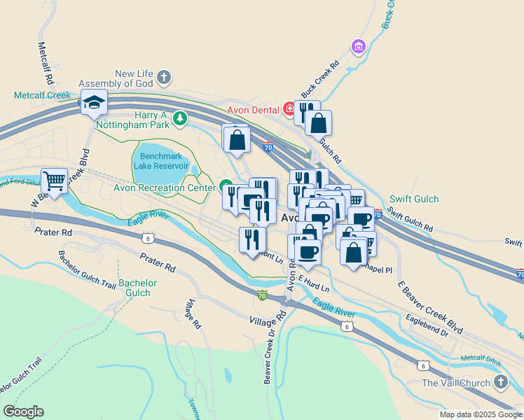 map of restaurants, bars, coffee shops, grocery stores, and more near 100 West Beaver Creek Boulevard in Avon