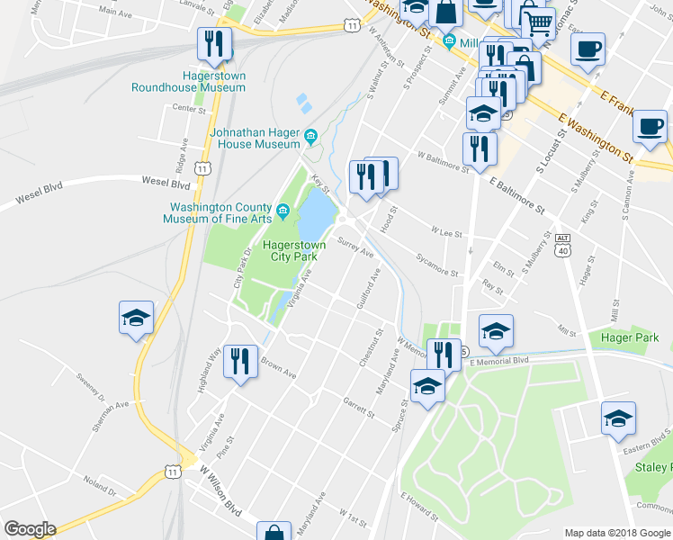 map of restaurants, bars, coffee shops, grocery stores, and more near 435 Summit Avenue in Hagerstown