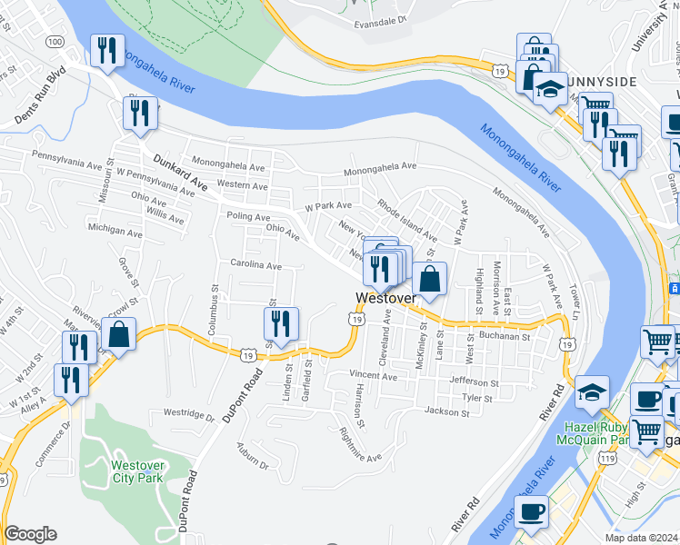 map of restaurants, bars, coffee shops, grocery stores, and more near 369 Holland Avenue in Morgantown