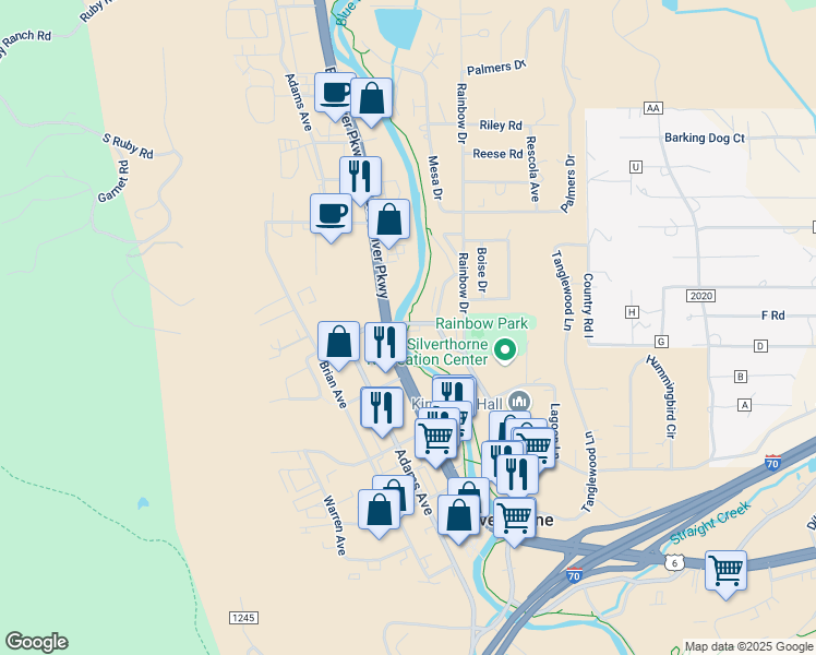 map of restaurants, bars, coffee shops, grocery stores, and more near 680 Blue River Parkway in Silverthorne