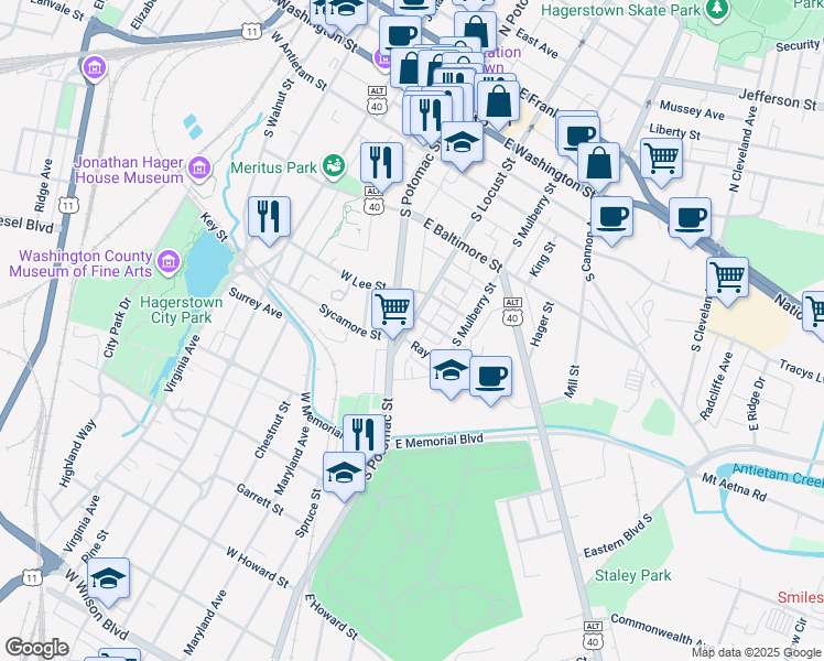 map of restaurants, bars, coffee shops, grocery stores, and more near 342 South Locust Street in Hagerstown