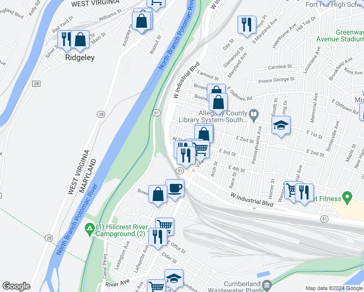 map of restaurants, bars, coffee shops, grocery stores, and more near 313 South Cedar Street in Cumberland