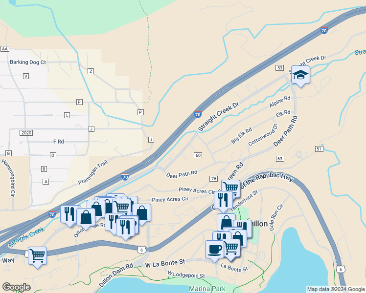 map of restaurants, bars, coffee shops, grocery stores, and more near 145b Straight Creek Drive in Silverthorne