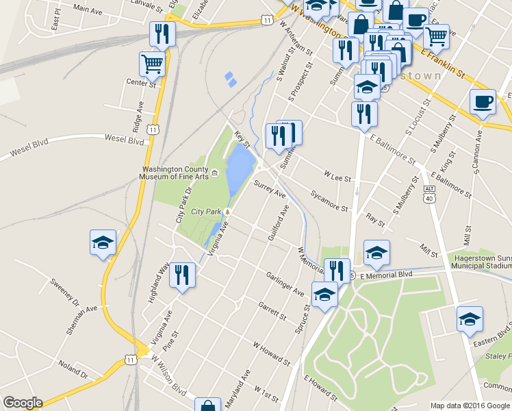 map of restaurants, bars, coffee shops, grocery stores, and more near 433 Summit Avenue in Hagerstown