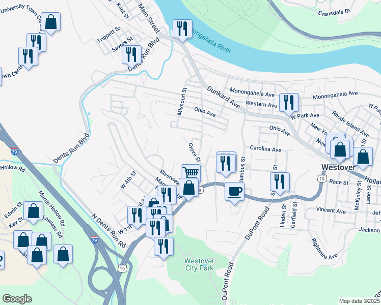 map of restaurants, bars, coffee shops, grocery stores, and more near Grove Street in Westover