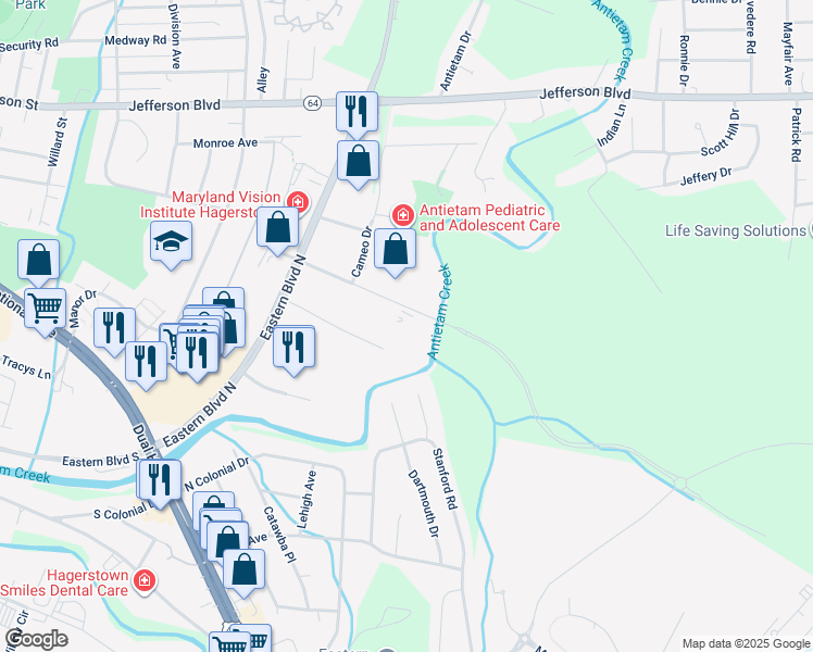 map of restaurants, bars, coffee shops, grocery stores, and more near 1175 Professional Court in Hagerstown