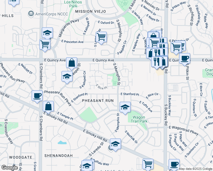 map of restaurants, bars, coffee shops, grocery stores, and more near 16129 East Rice Place in Aurora