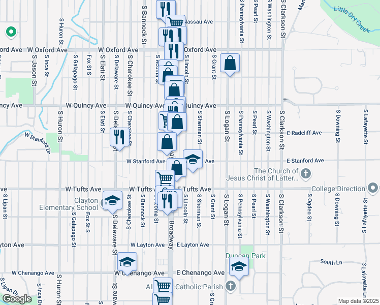 map of restaurants, bars, coffee shops, grocery stores, and more near 4444 South Lincoln Street in Englewood