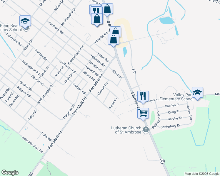 map of restaurants, bars, coffee shops, grocery stores, and more near 3 Musket Lane in Pennsville