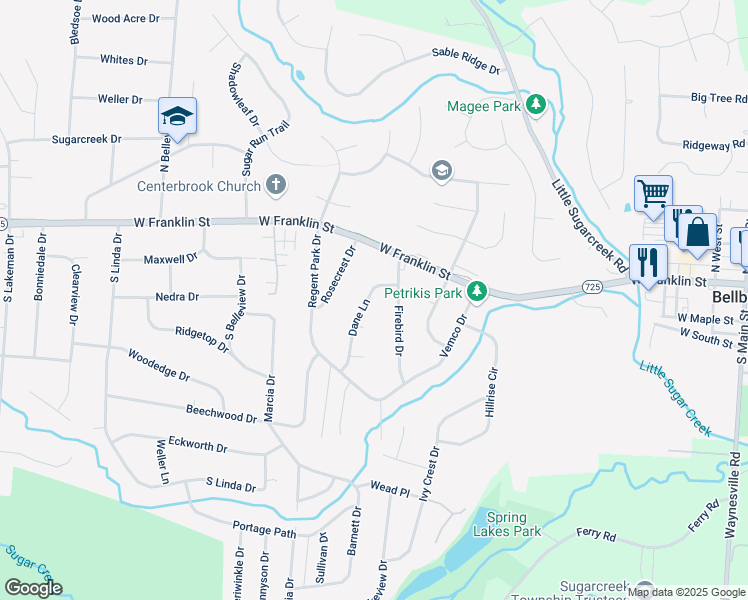map of restaurants, bars, coffee shops, grocery stores, and more near 2065 Dane Lane in Bellbrook