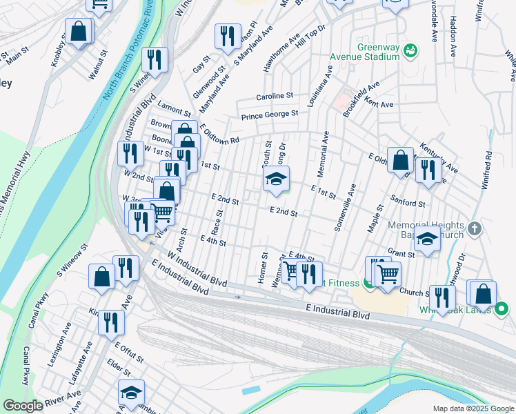 map of restaurants, bars, coffee shops, grocery stores, and more near 500 East 2nd Street in Cumberland