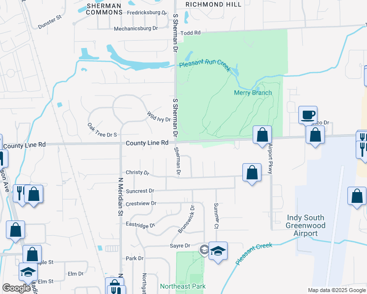 map of restaurants, bars, coffee shops, grocery stores, and more near 1269 Sherman Drive in Greenwood
